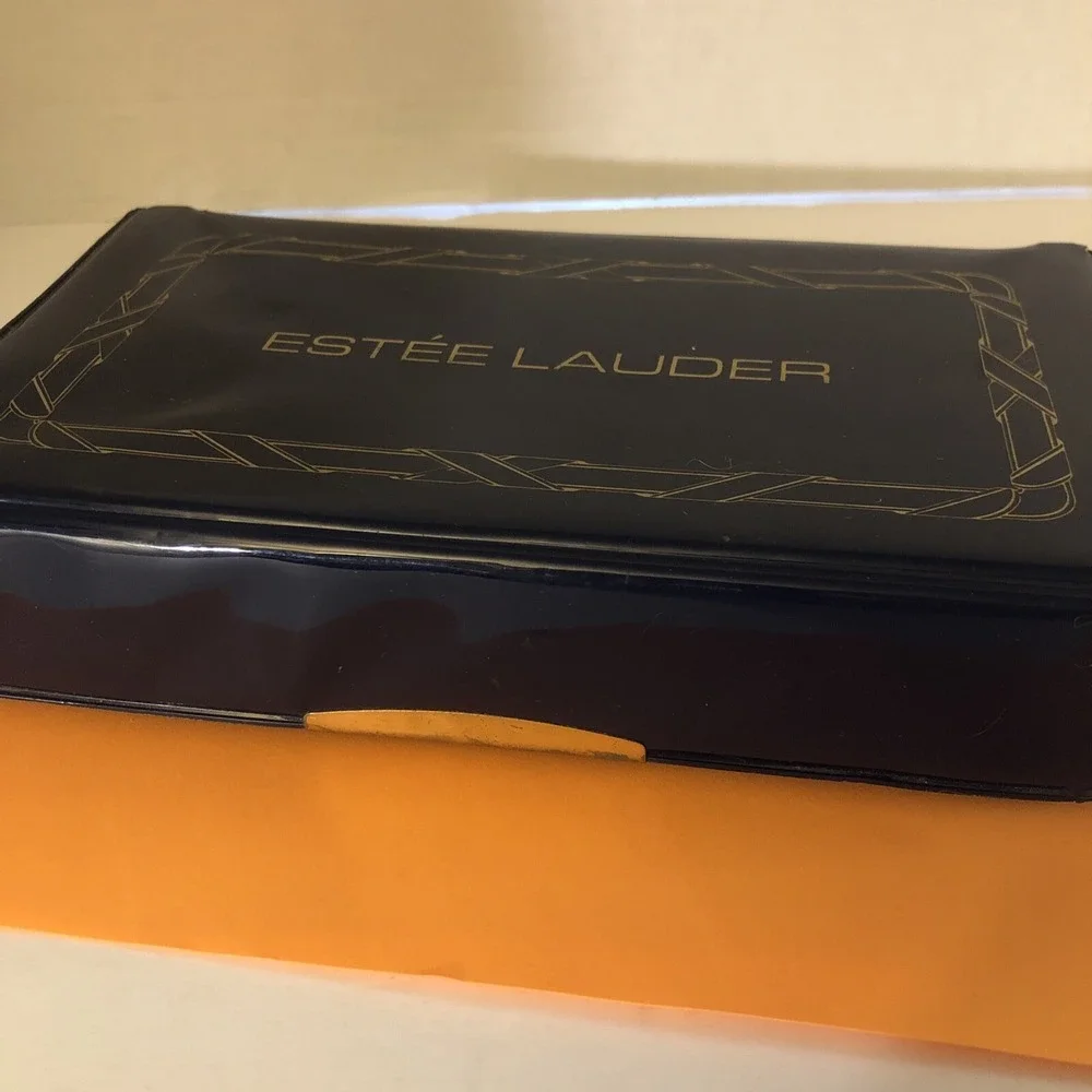 Vintage Estee Lauder Vinyl Makeup Case Travel Box Dark Blue And Gold Snap Close
